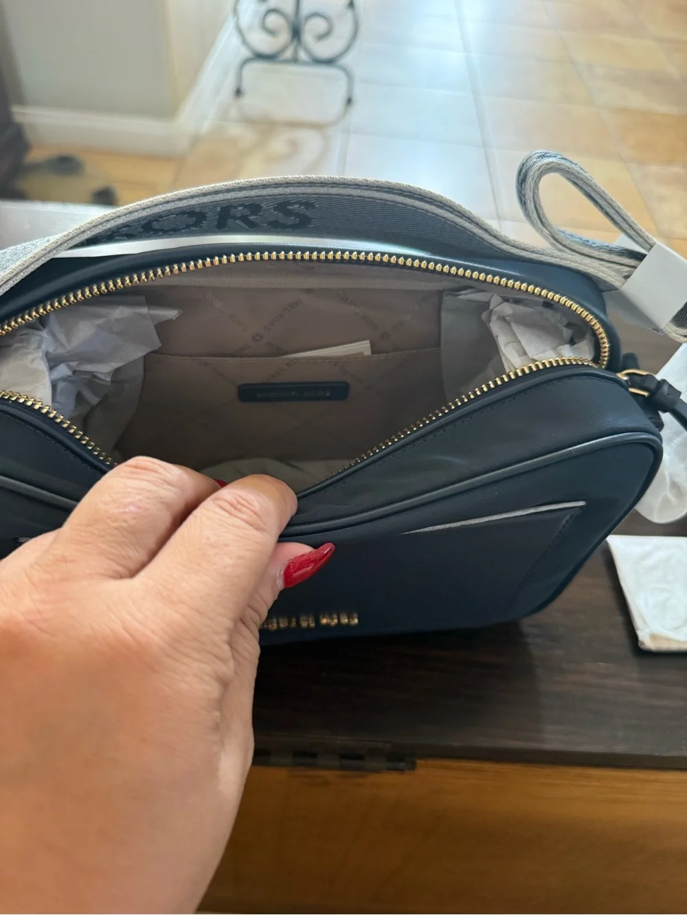 Michael Kors Blue Leather Messenger Bag with Gold Logo